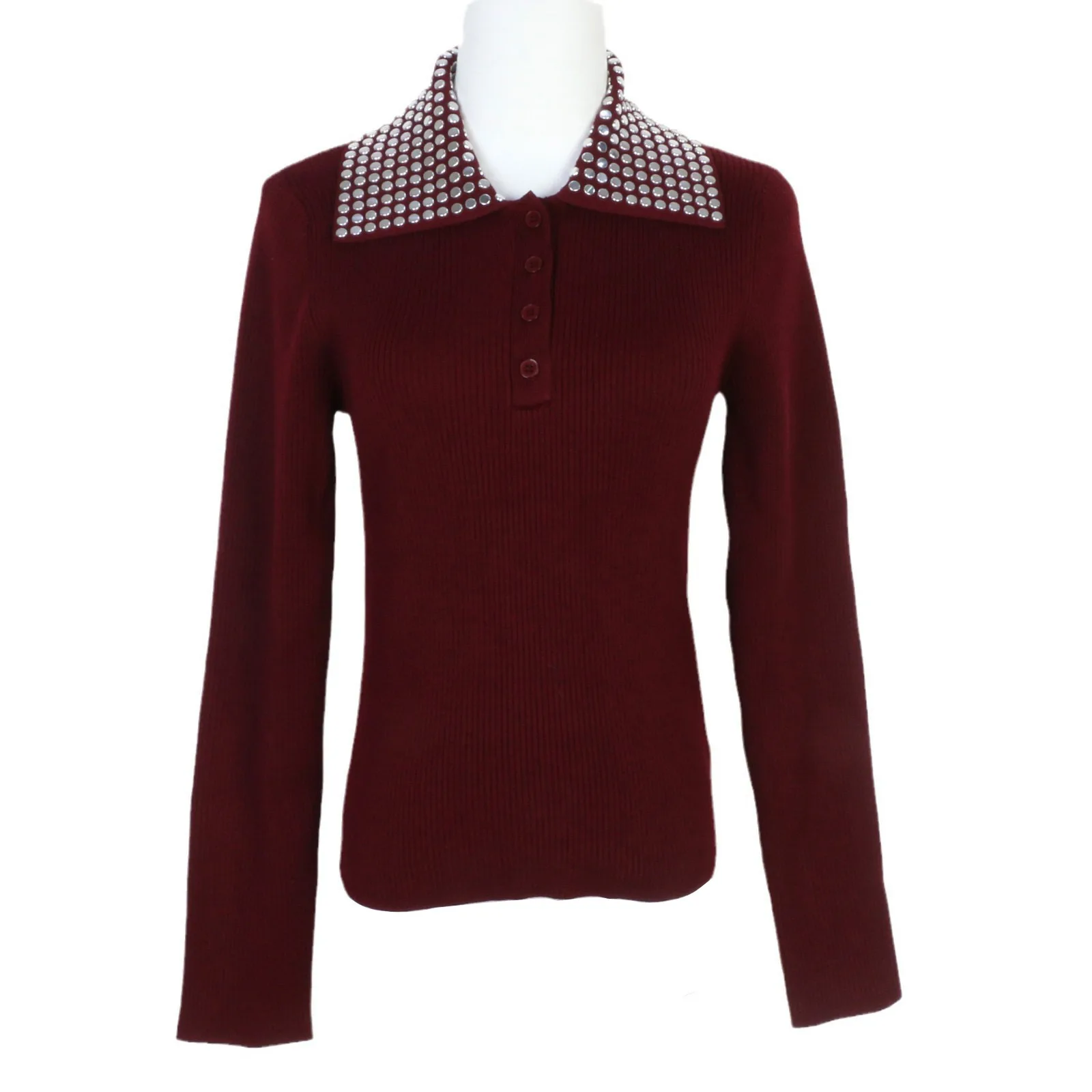 Hot Diamond Knitted Bottoming Shirt Burgundy Lapel Temperament Top Women's SA French 2025 Early Spring New Style Winter Clothing