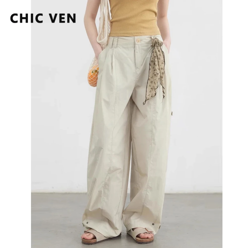 

CHIC VEN женские брюки повседневные однотонные свободные комбинезоны с высокой талией широкие брюки тонкие женские спортивные брюки весна-лето 2025