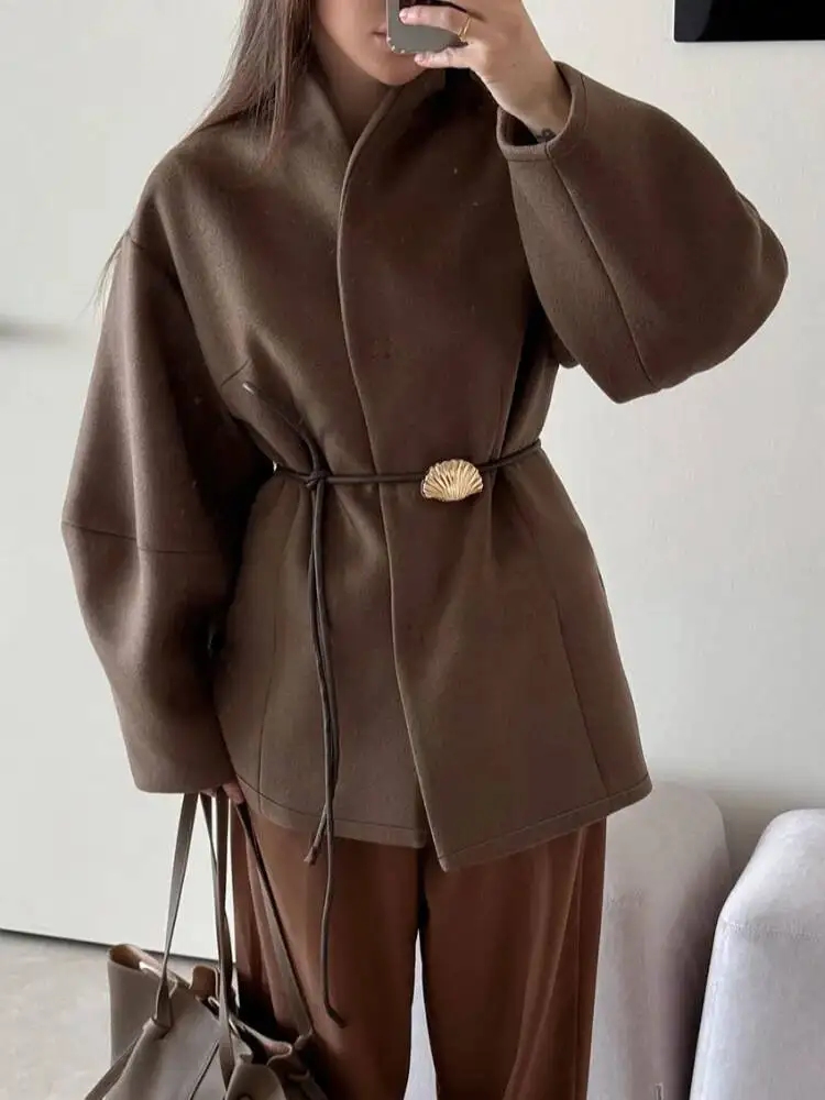 Chic Women's Solid Woolen Coat Elegant Full Sleeves Waist Tie Loose Outfit Fashionable Autumn Commuting Daily Lady Street Jacket