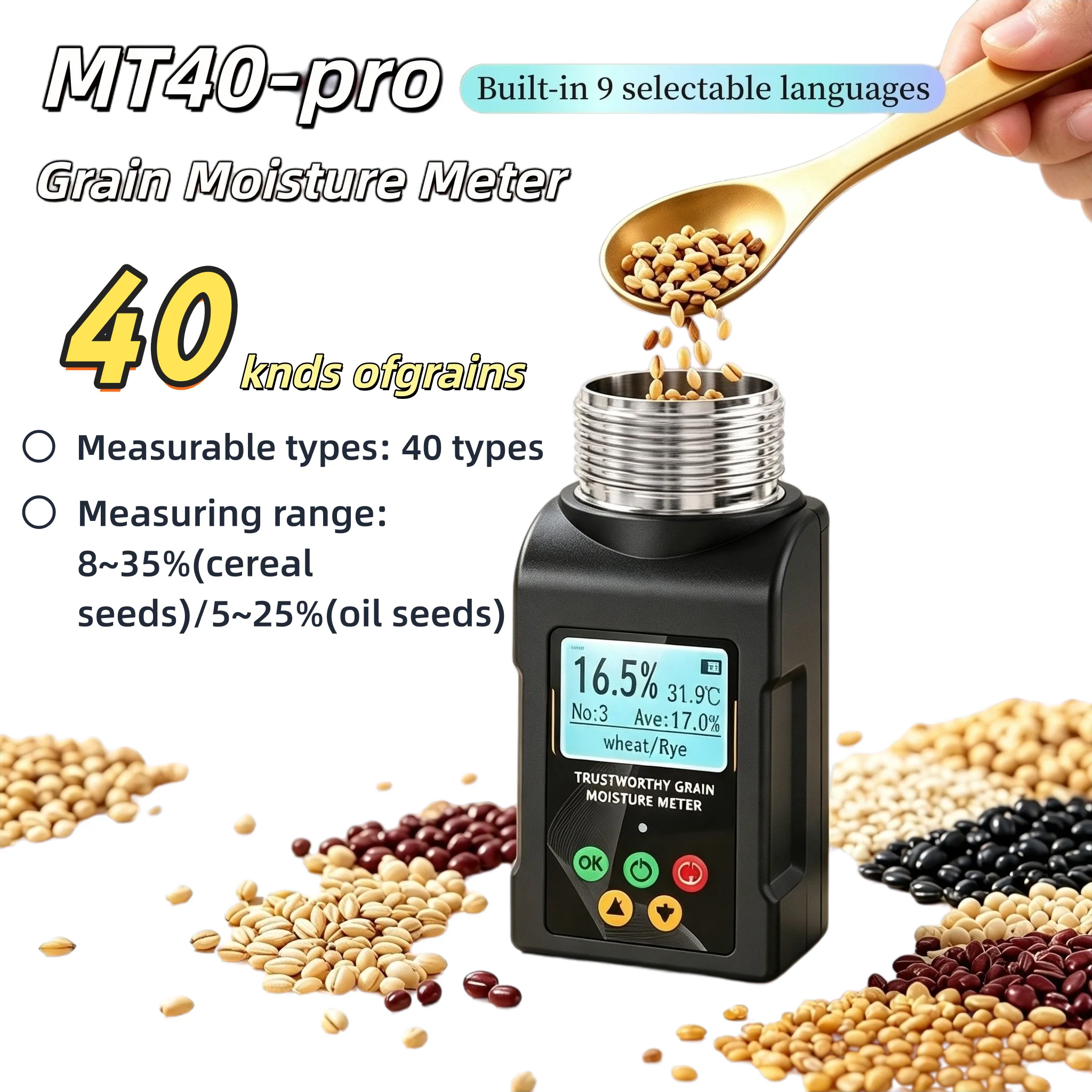 MT40-pro Grain Moisture Detector Built-In 9 Selectable Languages 40 Types Measurable Types  Cup-Type Meter With Data Storage