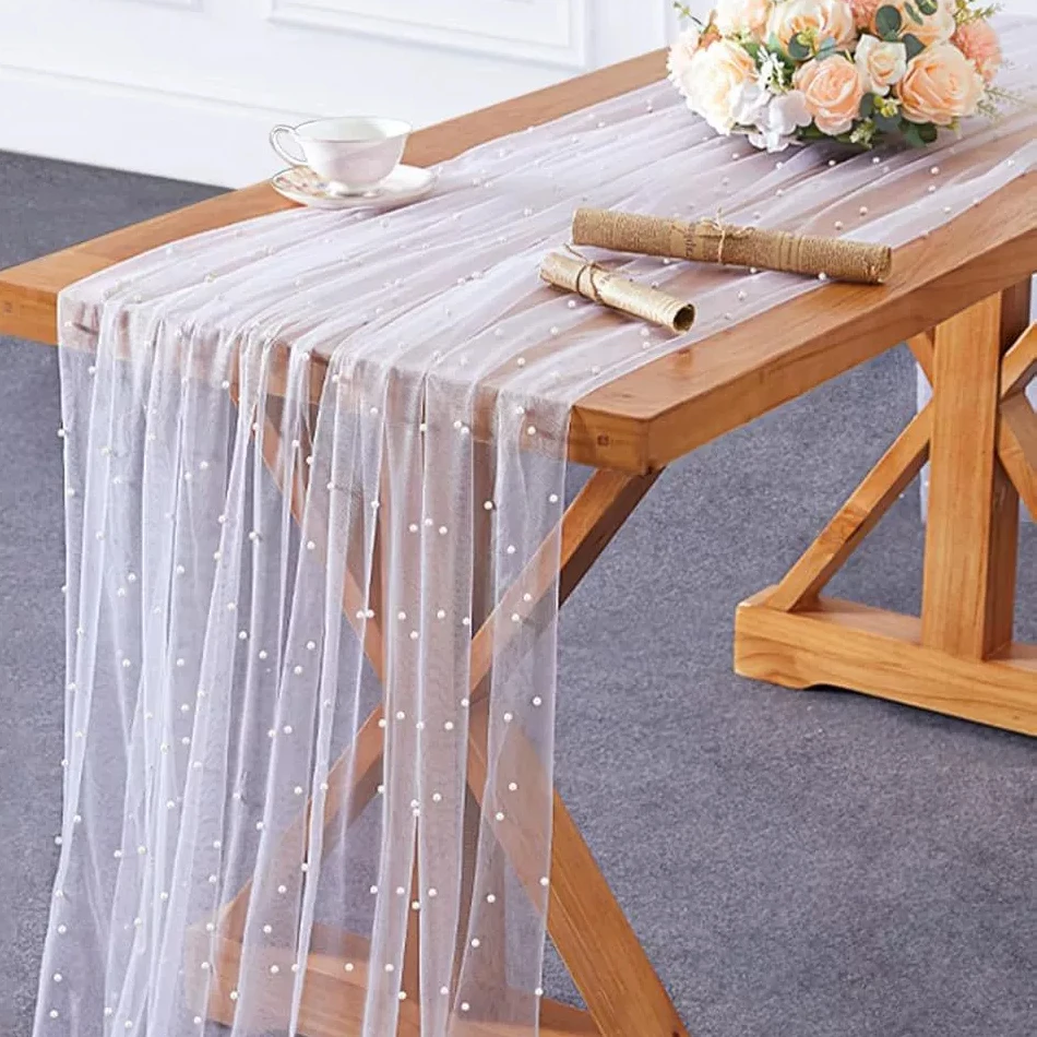 White Pearl Tulle Table Runner, Wedding Arch Sheer Drapes for Baby Shower Birthday Party Backdrop Wedding Headscarf, DIY Design