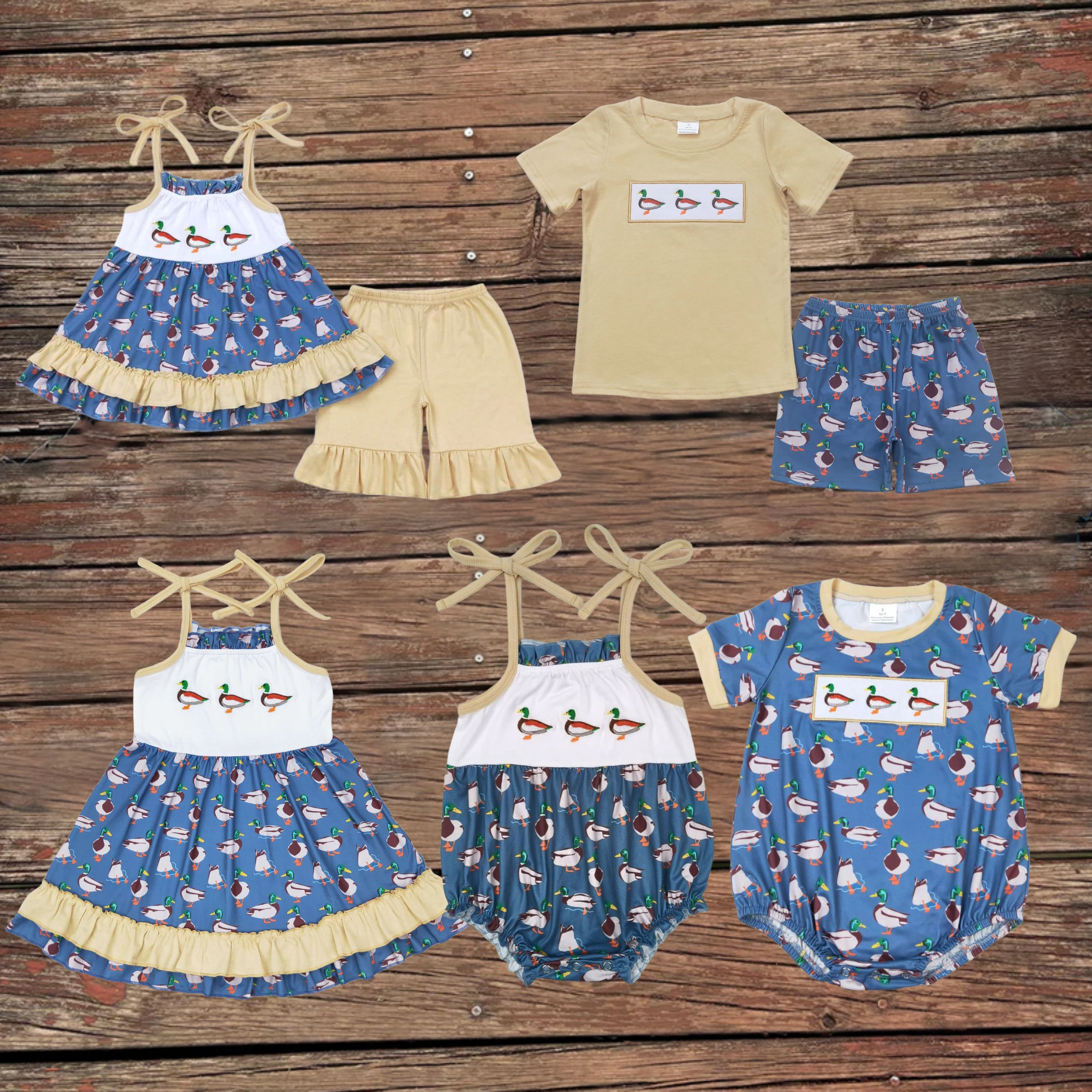 

Wholesale Sibling Baby Boys Girls Embroidery Duck Rompers Children Clothes Sets Infant Summer Knee Length Dresses Toddler Bubble