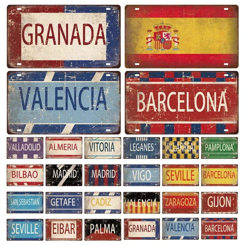 MADRID BARCELONA SEVILLE Spain City Name Metal Sign Decor Wall Plaque Bar Garage Tin Sign Tinplate Car Plate Vintage Signage