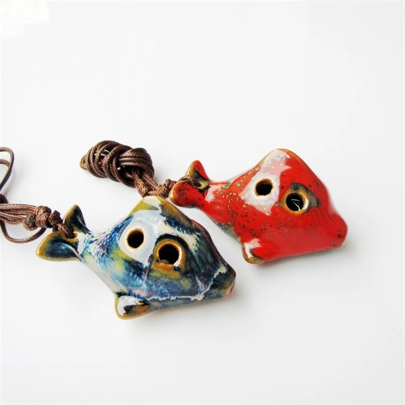 Ocarina instrumento de vento em forma de peixe esmaltado colorido de cerâmica com 6 buracos com corda para iniciantes amantes de música e exibição decorativa de casa
