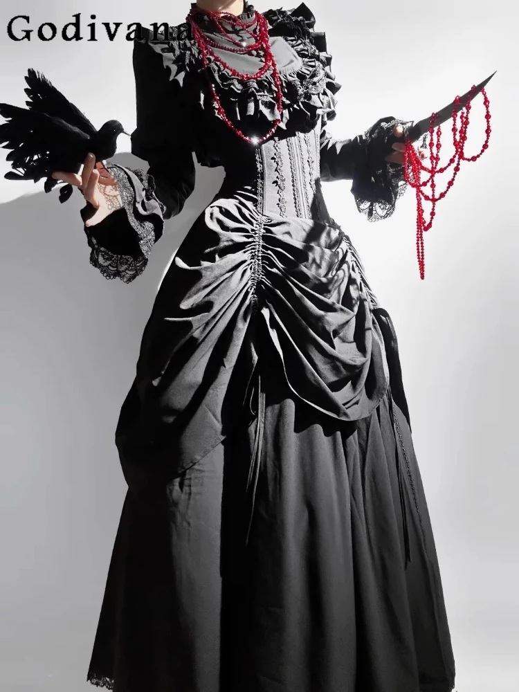 

Black Gothic Dark Large Size Long Fishbone Waist Skirt Shirt 2-Piece Set Autumn Women's Halloween Carnival Party Cosplay Outfits