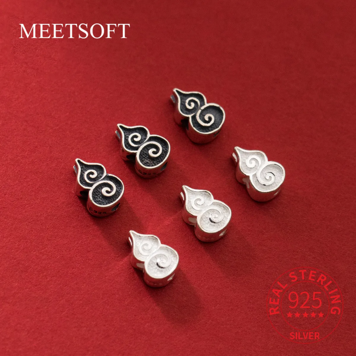 MEETSOFT  S925 Sterling Silver Distressed Pattern Gourd Beads Jewelry Of DIY Handmade Braided Bracelets Accessory Wholesale