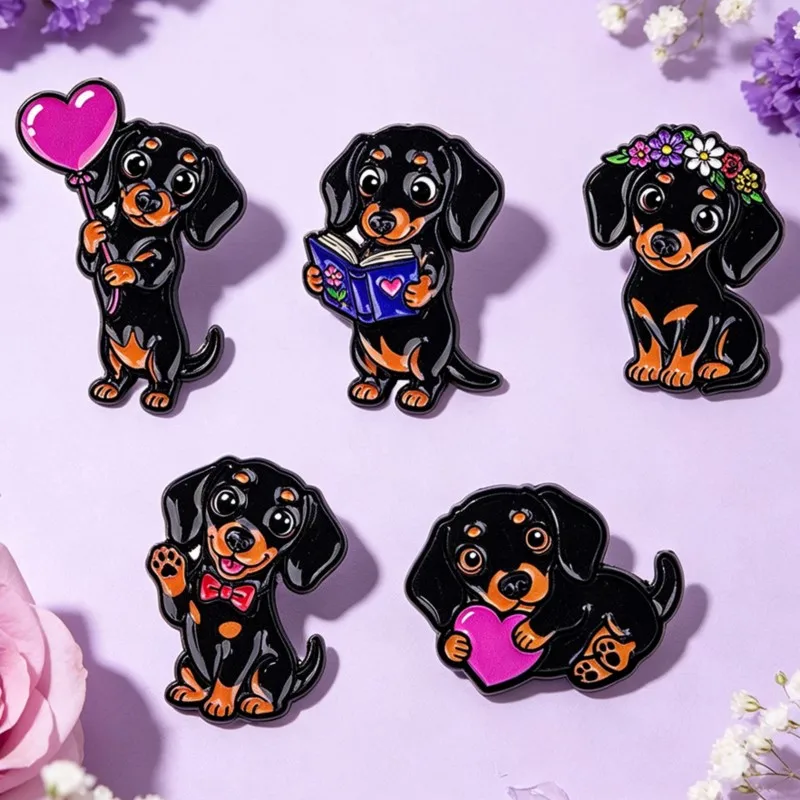 5pcs Cute Dachshund Enamel Pin Set Heart Flower Book Bow Dog Cartoon Brooch Backpack Hat Clothes Accessory Animal Lovers Gifts - view 3