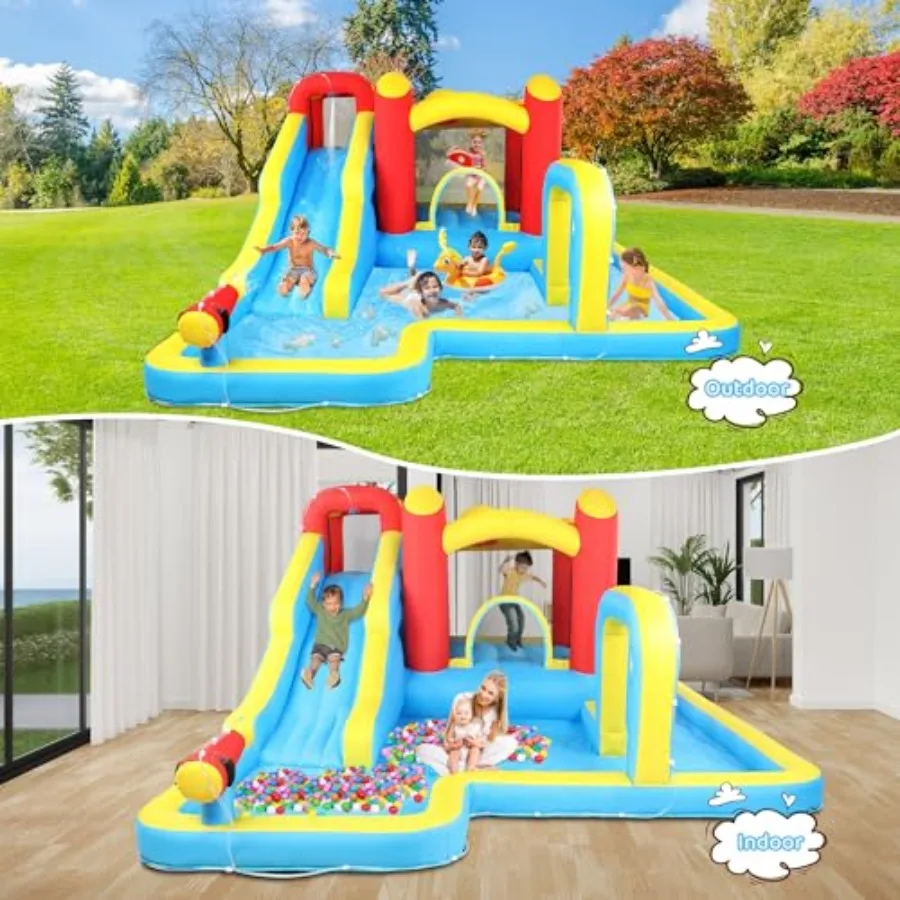 Inflatable Bounce House, Jumping Outdoor Air Castle Bouncer Double Water Slide with 750W Air-Blower (181" L x 143.7" W x 76.8" H