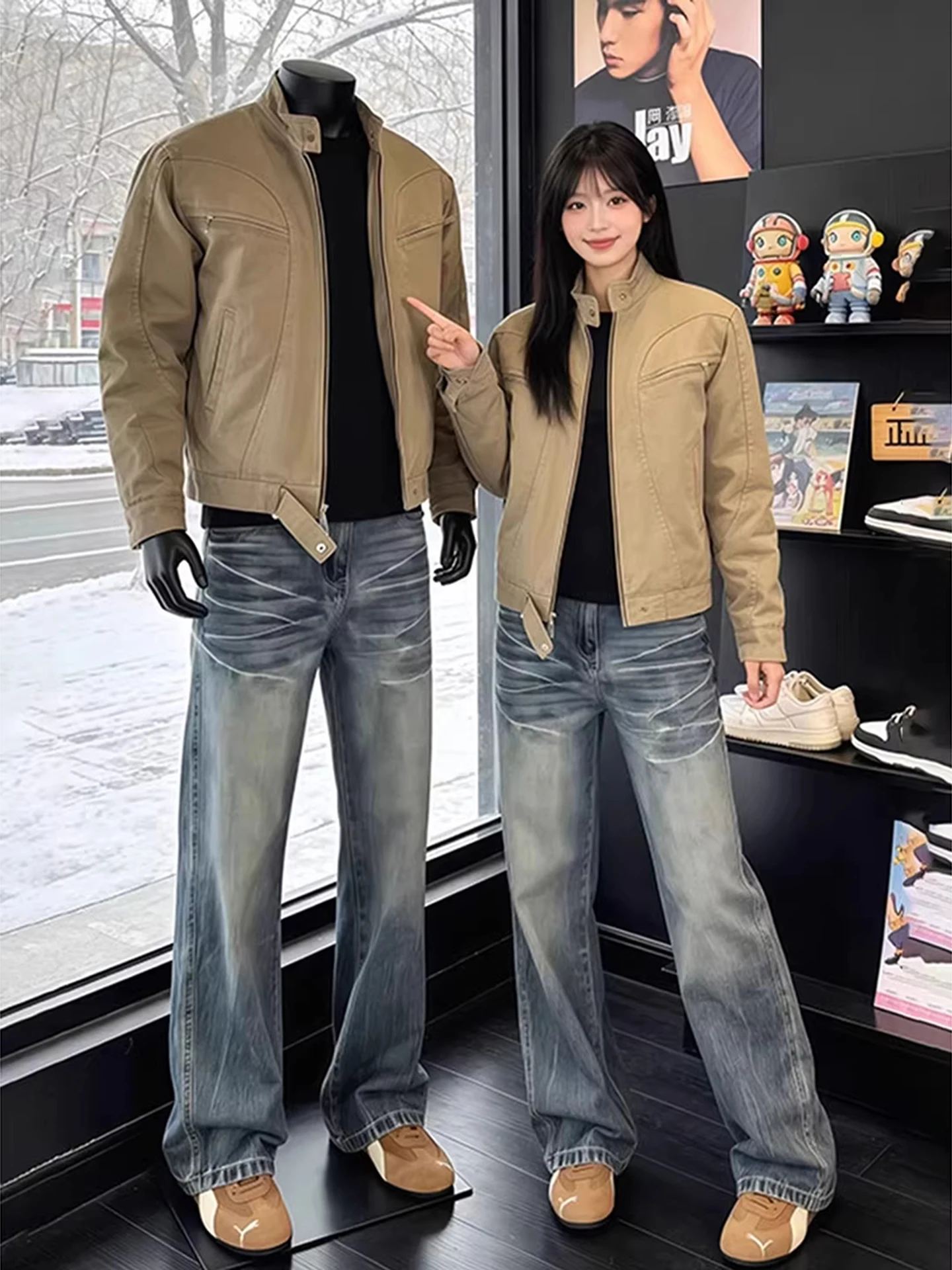 

Blue Washed Lightning Pattern Men's Jeans Straight Leg High Street Vibe Spring Autumn American Style Premium Feeling Pants