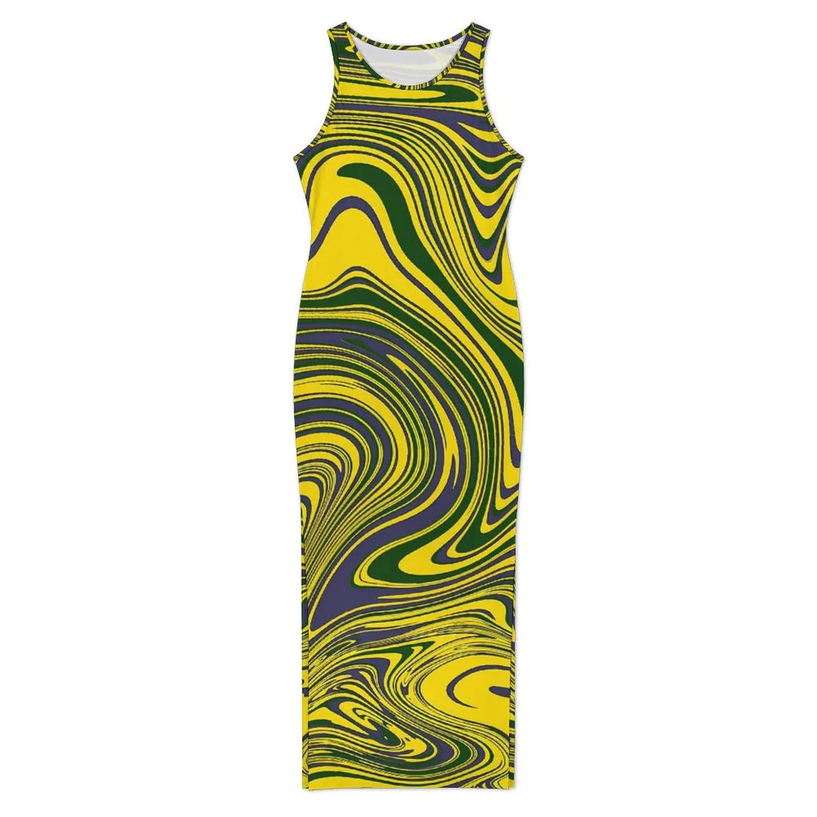 渦巻きプリントドレスノースリーブ黄緑紫ヴィンテージマキシドレス夏のストリートスタイルグラフィックボディコンドレスビッグサイズ4XL