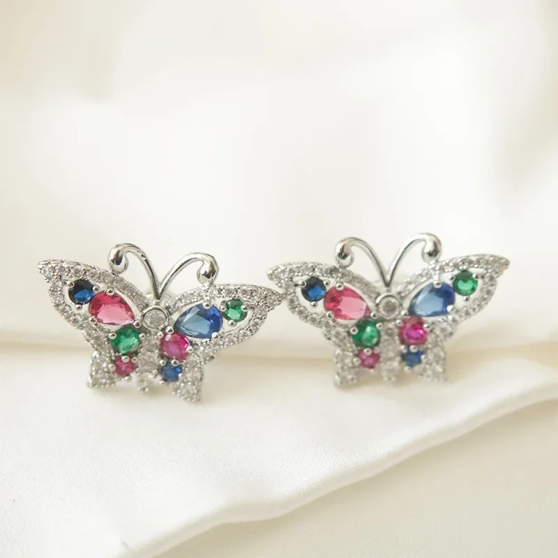 Mozambican diamond butterfly stud earrings high-end earrings silver needle niche light luxury fashion simple zircon earrings