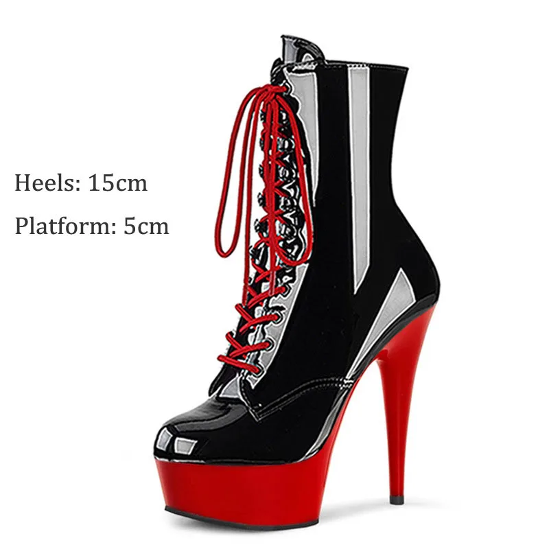 

Strappy Platform Ankle Boots 15 cm Pole Dancing Stripper Heels Sexy Fetish Women Shoes Black Pat High Heels Catwalk Booties