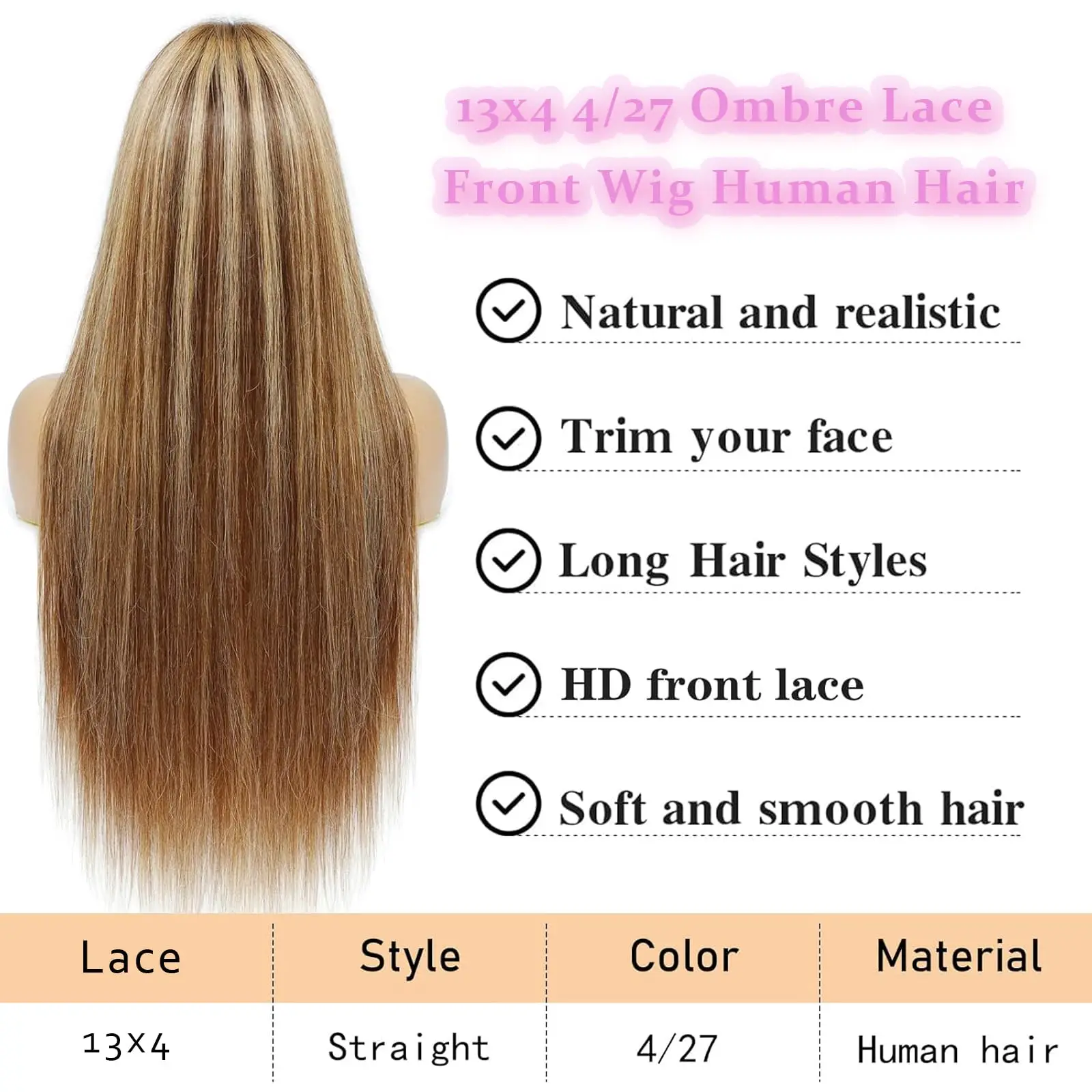 Прямой парик из натуральных волос 13x6 Hd Парик фронта шнурка 4/27 Цвет омбре Бразильский 13x4 Парики фронтальной части шнурка для женщин Предварительно выщипанные