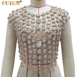 CUIER Women's Gold Rhinestone Top with Crystal Body Chain Fashion Night Club Jewelry Quality Gemstone Decoration Top