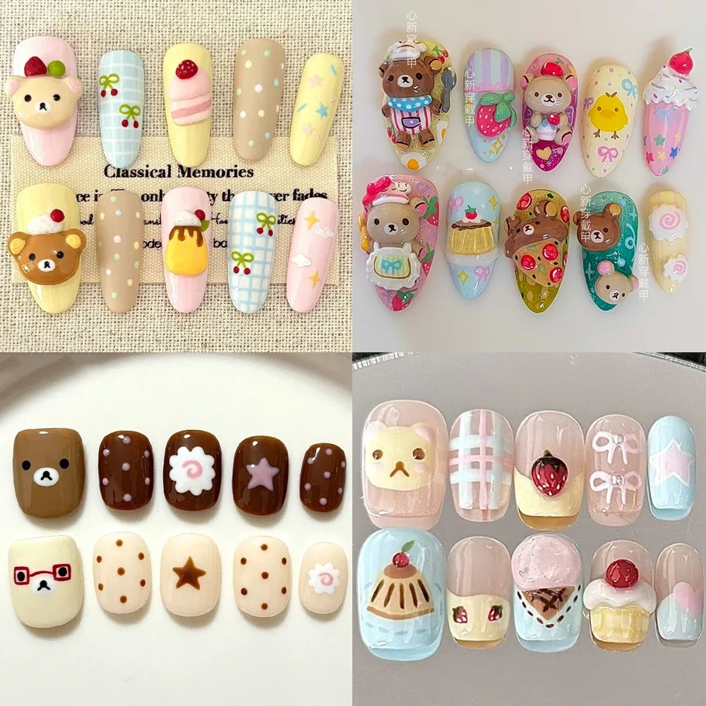 

10Pcs Kawaii 3D Cartoon Square Short Round Almond Full Cover Nail Cute Bear Cream Style Strawberry Cake Bow Nails Party Stickers