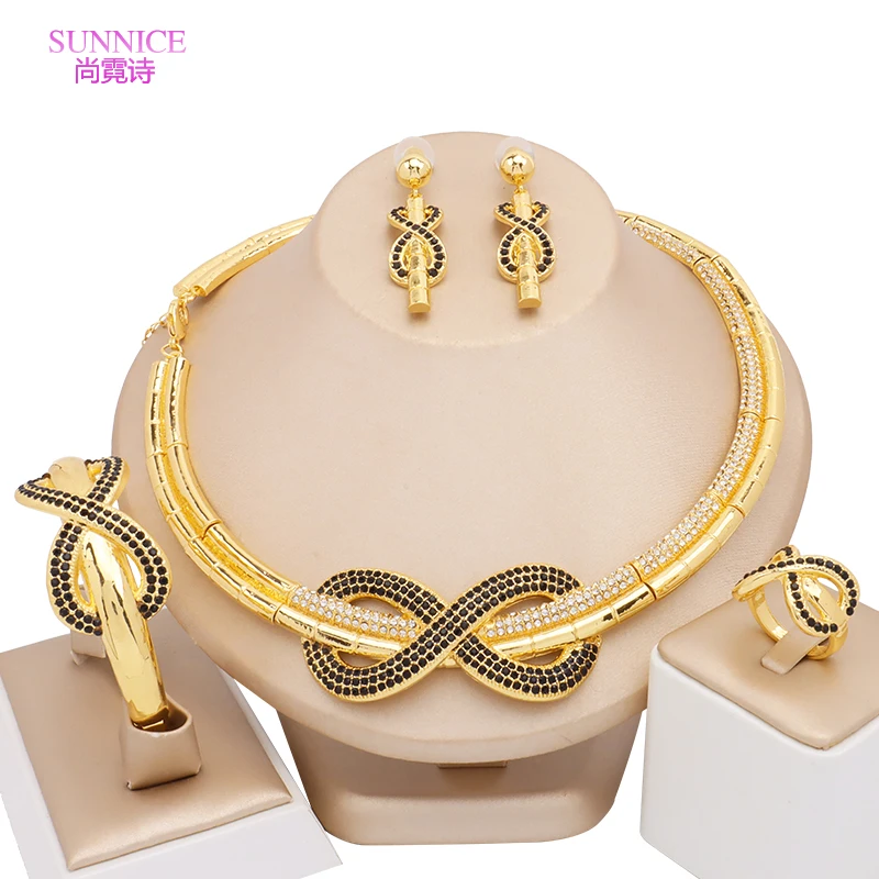 18k Gold Plated Luxury Bridal Jewelry Set For Women Black Zirconia Copper Necklace Earrings Pendant Bracelets Ring Jewellery