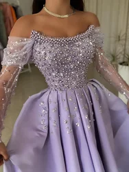 NA23 Customized Lilac Women Evening Dresses Long Sleeve 2025 Off Shoulder Pearls Satin A Line Formal Occasion Dress Party Gown