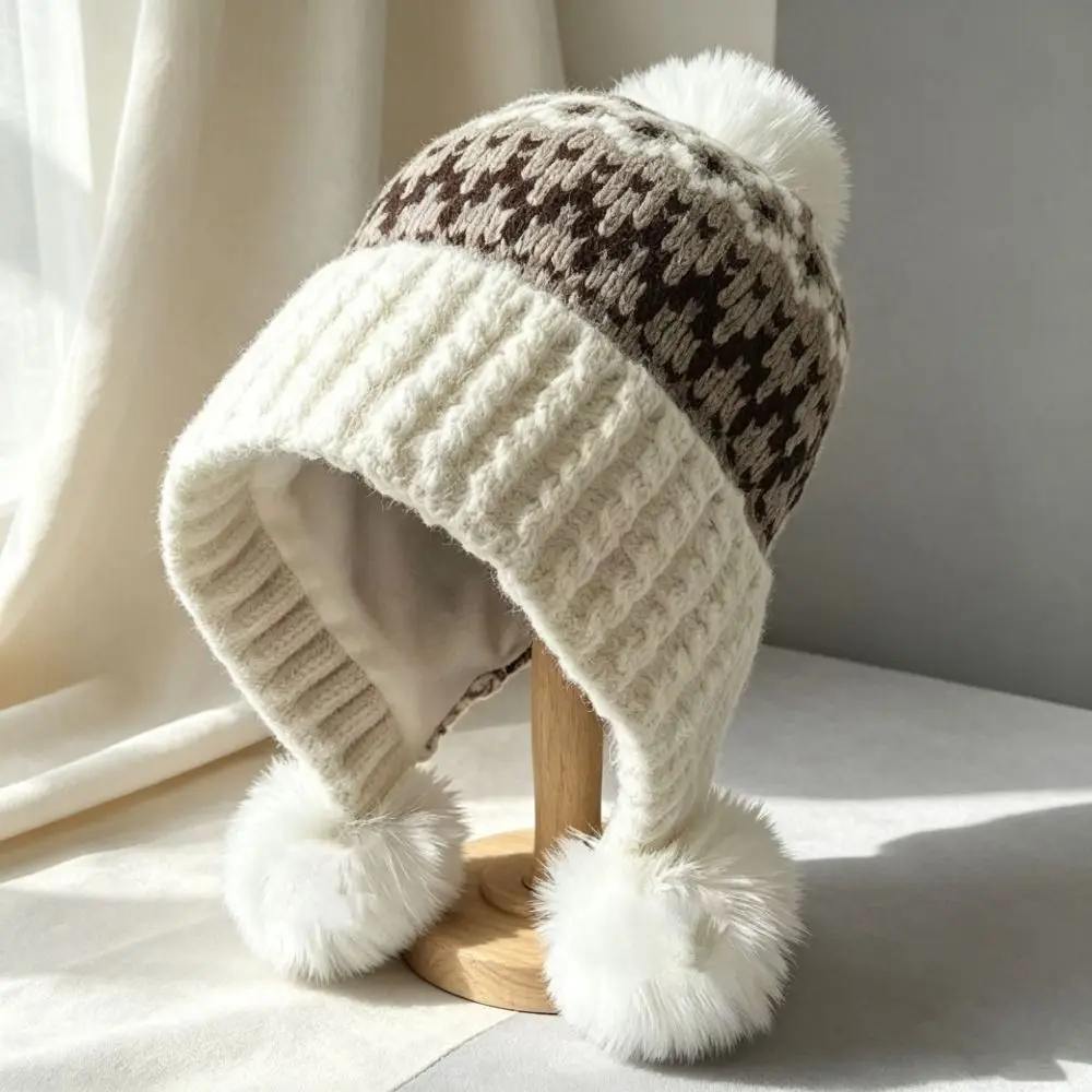 Polyester Material Ear Flap Knitted Hat with Pom Poms Ear Protection Winter Knit Hat Face Slimming Design 52-58CM Cold Proof Hat