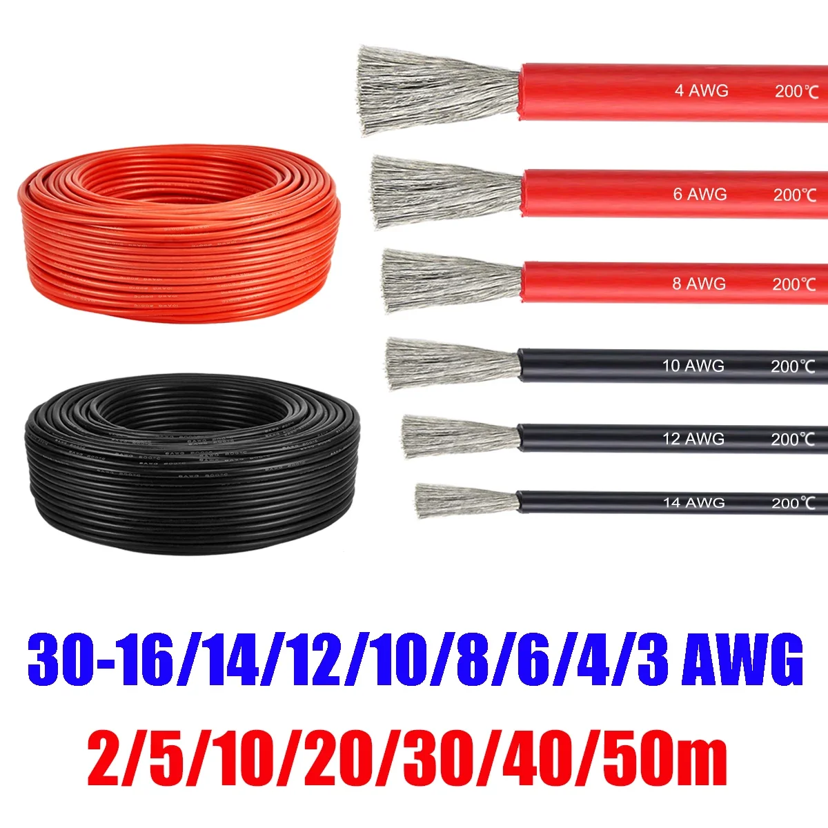 2-50m Solar Panel Cables 16 14 12 10 8 6 4 3 Gauge Silicone Hookup Wire Flexible Red Black Electric Cable for Car Auto Battery