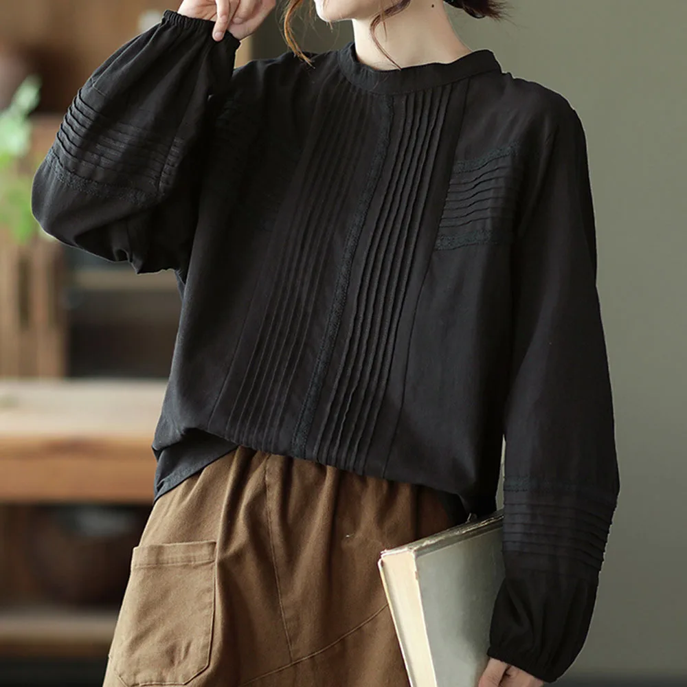 New Autumn Cotton Long Sleeve Shirt, Women Standing Collar Folds Top, Mori Girl Fashion Sweet Loose Blouses, Winter T48830QM