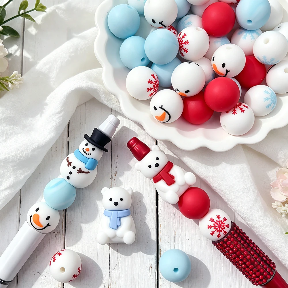 34/43-teiliges Winter-Schal-Bär-Silikonperlen-Set, DIY-Perlenkette, Armband, Dekoration, Stift, Schmuck, Anhänger usw. Geburtstagsgeschenk für die Feiertage – Detail 2