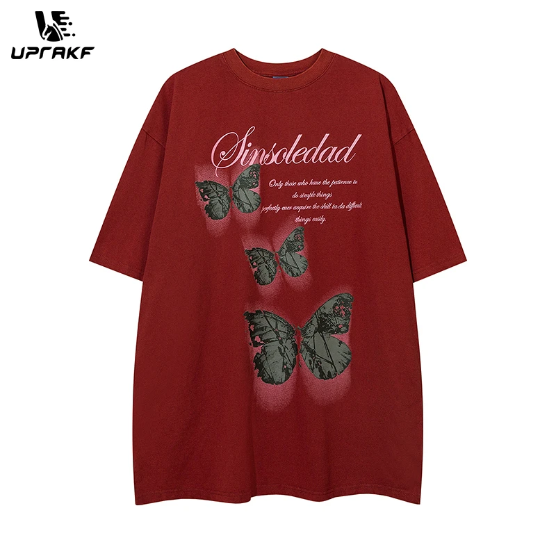 

UPRAKF Retro T Shirts Butterfly Print Fashion Streetwear Tee O Neck Oversize Summer Cotton High Quality Short Sleeve Casual