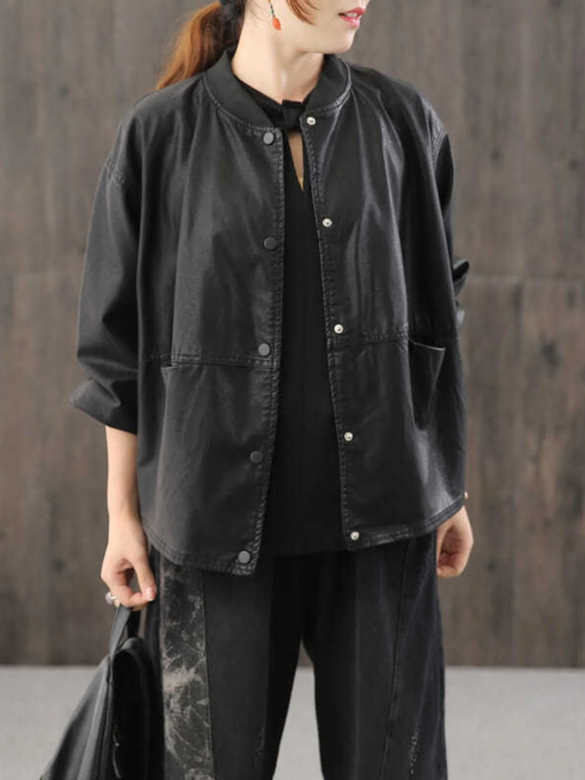 

Loose Artistic Women's Leather Jacket Coat Large Size Autumn Winter Fashion Commute Style Long Sleeve Stand Collar Pocket Detail