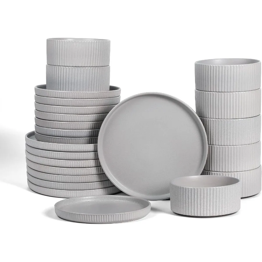 

Haven Stoneware Набор столовой посуды из 24 предметов Серые тарелки и миски Наборы для 8 Элегантный набор посуды В комплект входят обеденные тарелки Тарлы для салата Ce