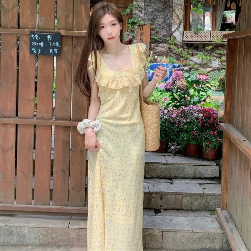 Vestido francés de alta calidad con borde con volantes y flores para mujer, falda larga ajustada con tirantes y cuello cuadrado, Vintage Y2k, verano 2025, 2023