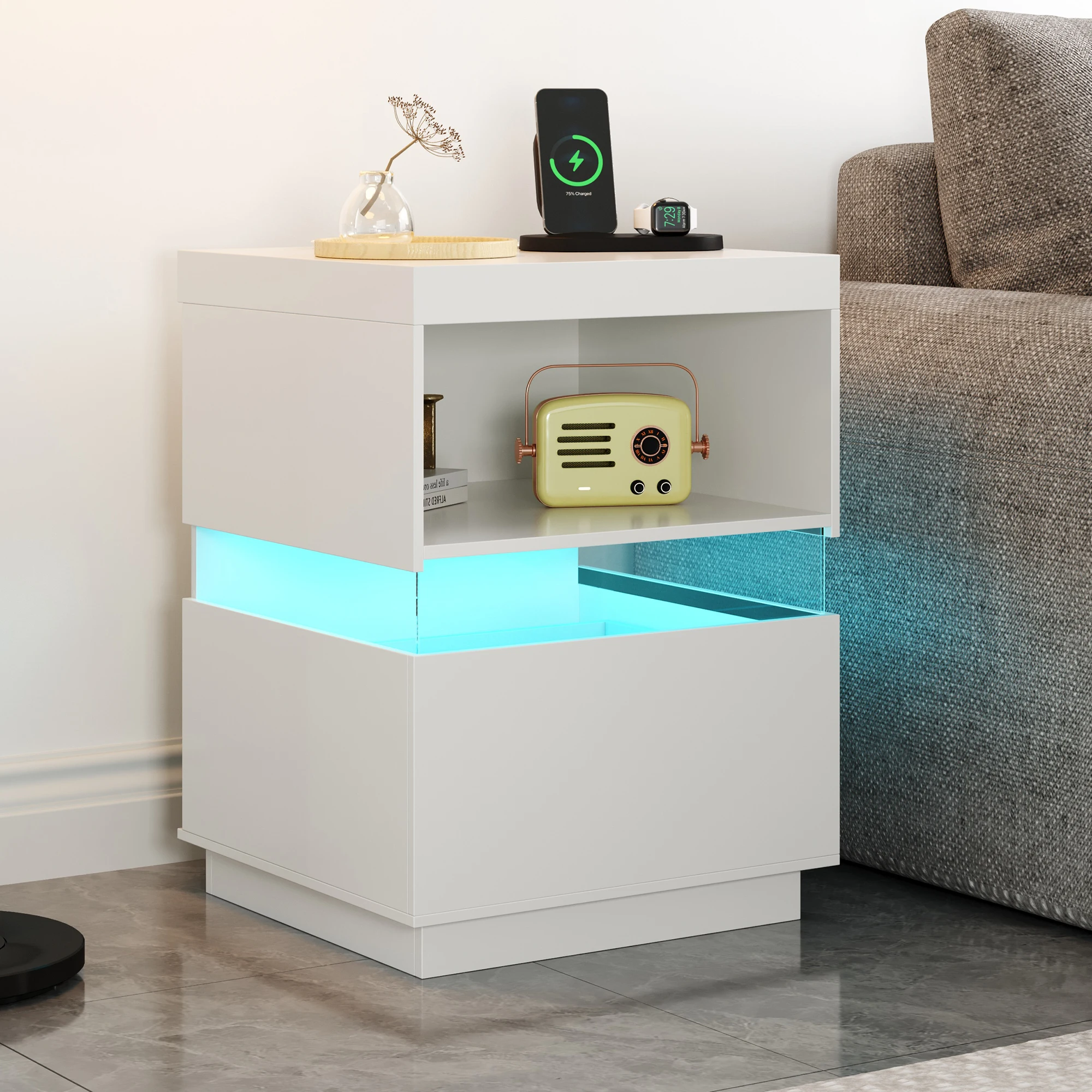 Two Tier Bedside Table 45.6×61×43.7cm ,6 Colors Adjustable LED Lighting ,Flashing modes and brightness modes (EU Plug Socket)