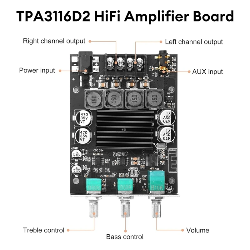 ZK-1002T Bluetooth Amp Board, 100W+100W Dual Channel With Treble & Bass Control, DC 12-24V