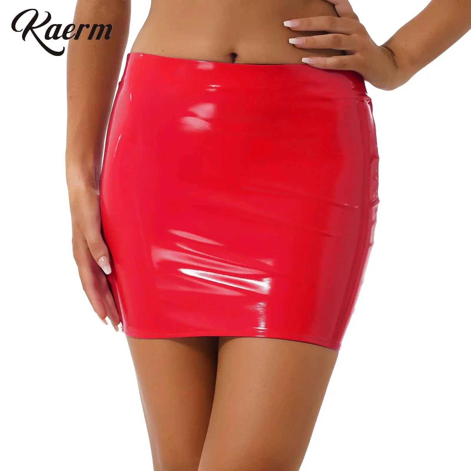 Womens Sexy Tight Short Skirt Glossy Patent Leather Miniskirt Solid Color High Waist Pencil Skirt for Club Party Music Festival