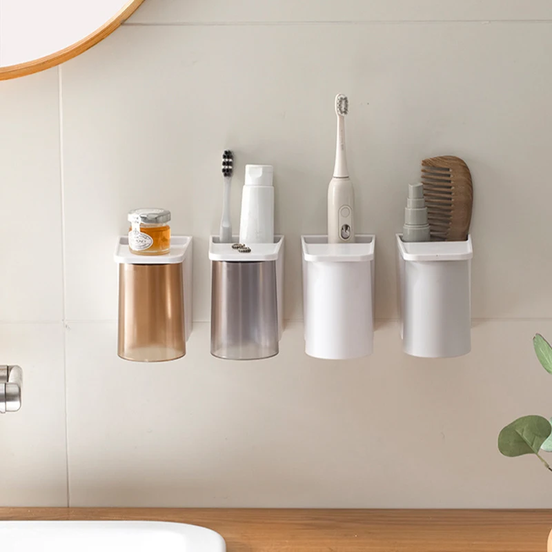 1pc Wall Mounted Toothbrush Holder, Magnetic Mouthwash Cup, Multifunctional Toothbrush Storage Rack, Bathroom Accessories