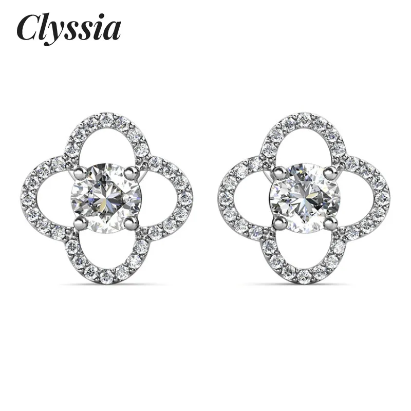 

CLYSSIA D VVS1 Moissanite Flower Stud Earring 925 Sterling Silver 18K White Gold Plated Round Cut Gemstone Gift for Women