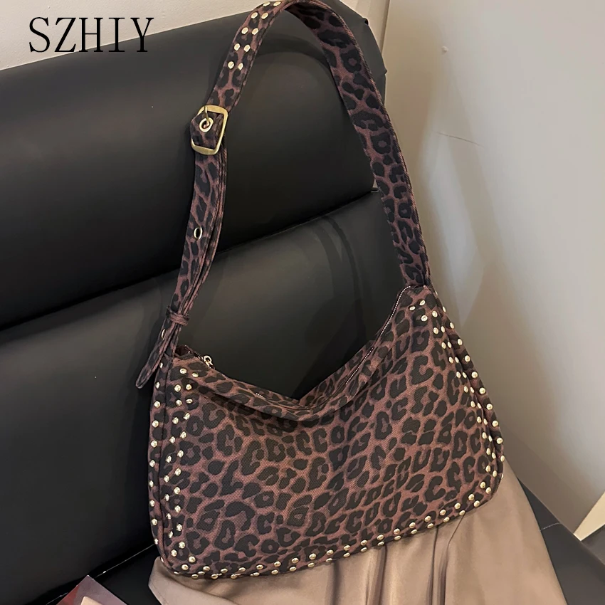 

Rivet Shoulder Bag Women Belt Crossbody Purse for Girls Designer Retro Leopard Print Canvas Pocket Travel Shopping Fashion Bag