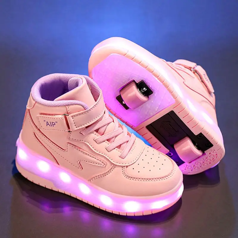 LED Children's Roller Skates Sneakers High Flash Shoes Fashion Casual Boys Girls Kids Two Wheels Size 31-39