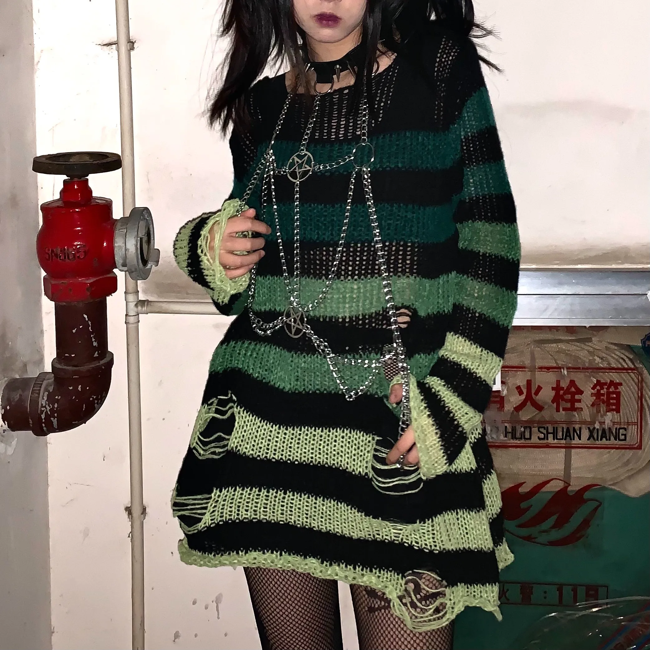 Karrcat Gothic Striped Sweaters Loose Grunge Pullover Oversized Hollow Out Emo Alt Clothes Women Dark Academia Hole Jumpers Y2k