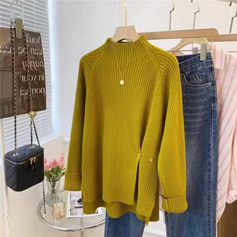 Maglione lavorato a maglia a mezzo collo alto a righe viola per donna Autunno e inverno Top dimagrante in vita con spacco laterale e orlo stile moda