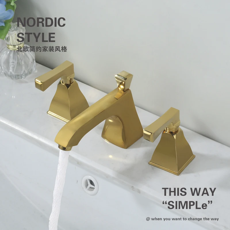 

3 Holes Bathroom Vessel Sink Faucet Deck Mount Two Handles Hot and Cold Mixer Tap Widespread Bathroom Vanity Sink Faucets Gold