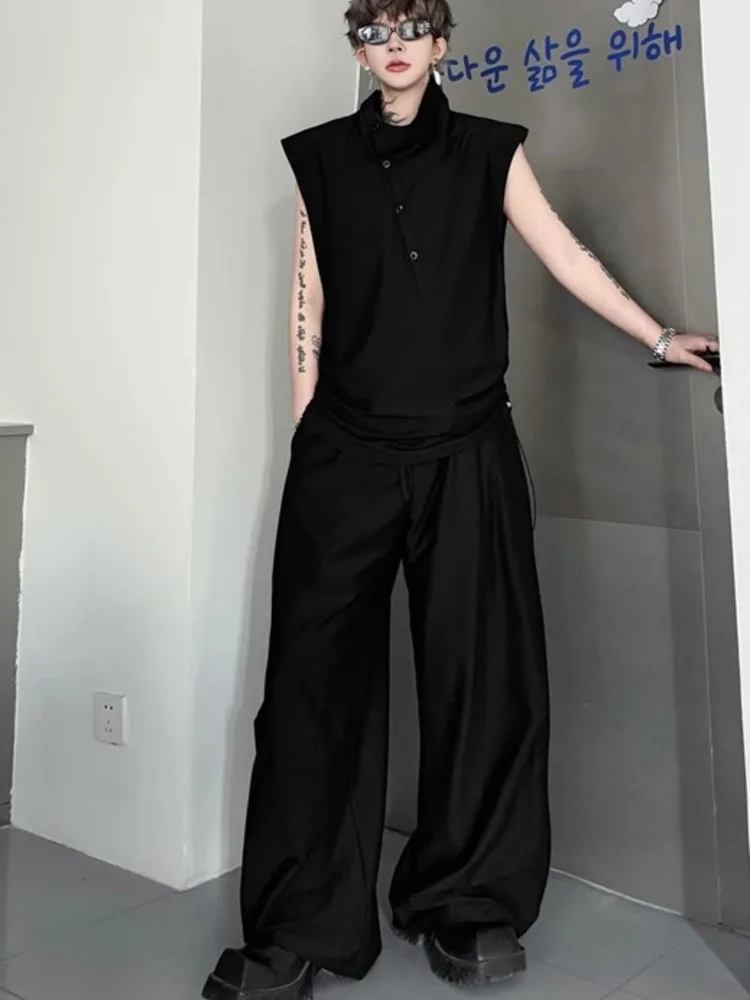 Ensemble sans manches haut de gamme pour hommes, décontracté, col haut, détails boutonnés, taille à cordon, pantalon baggy, ensemble minimaliste deux pièces 78O9