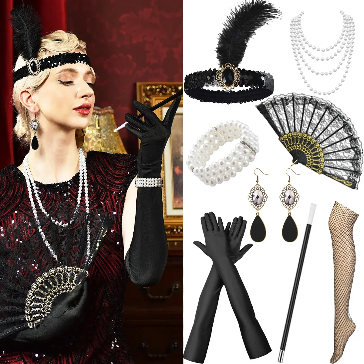 1920s flapper gatsby festa bandana longo luvas pretas colar de pérolas brincos conjunto de jóias titular cigarro acessórios traje