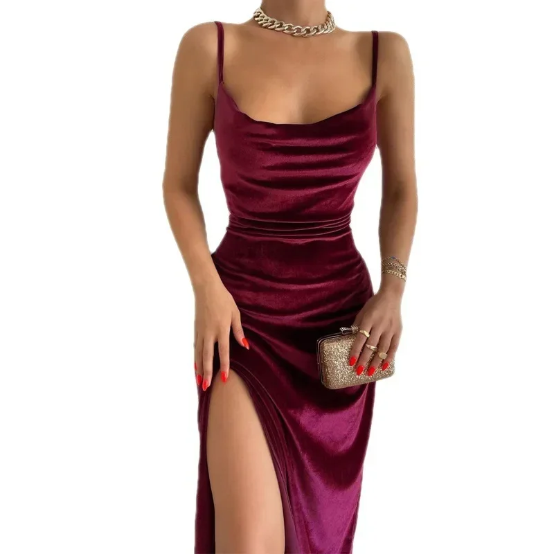 2025 New Spring Summer Fashion Slim Bodycon Split Strap Dress For Women European American Style Banquet Party Sexy Dress Y2k
