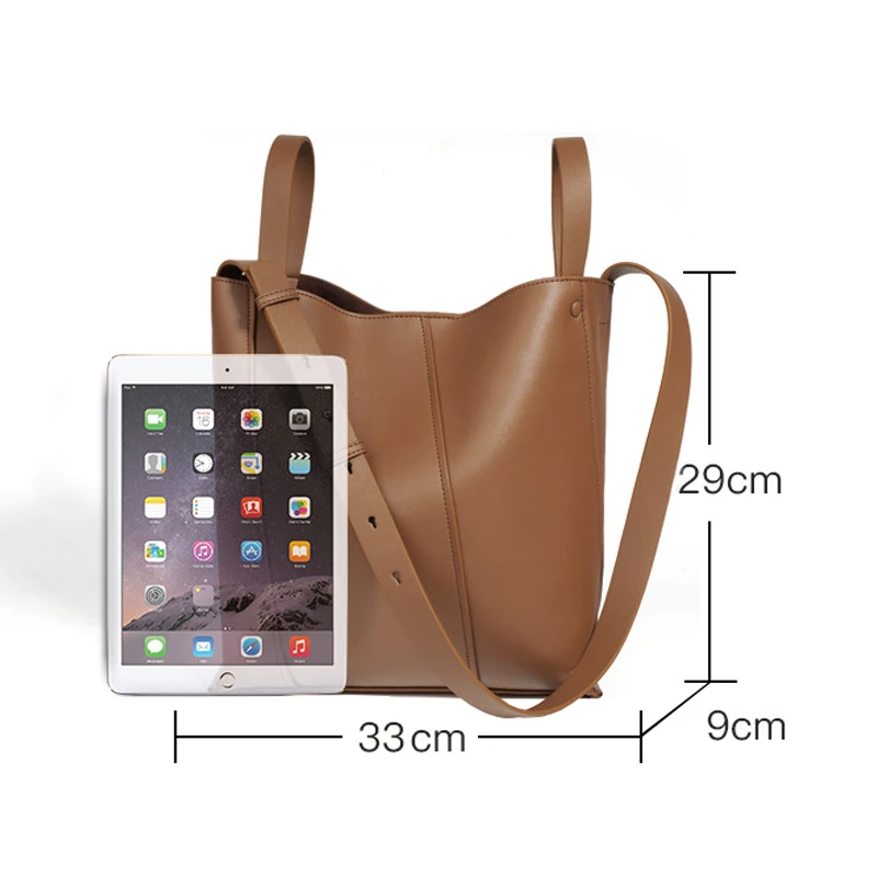 Female Split Leather Bucket Handbag Large Capacity Women Shoulder Bags Solid Color Lady Axillary Bag With Removable Inner Purse