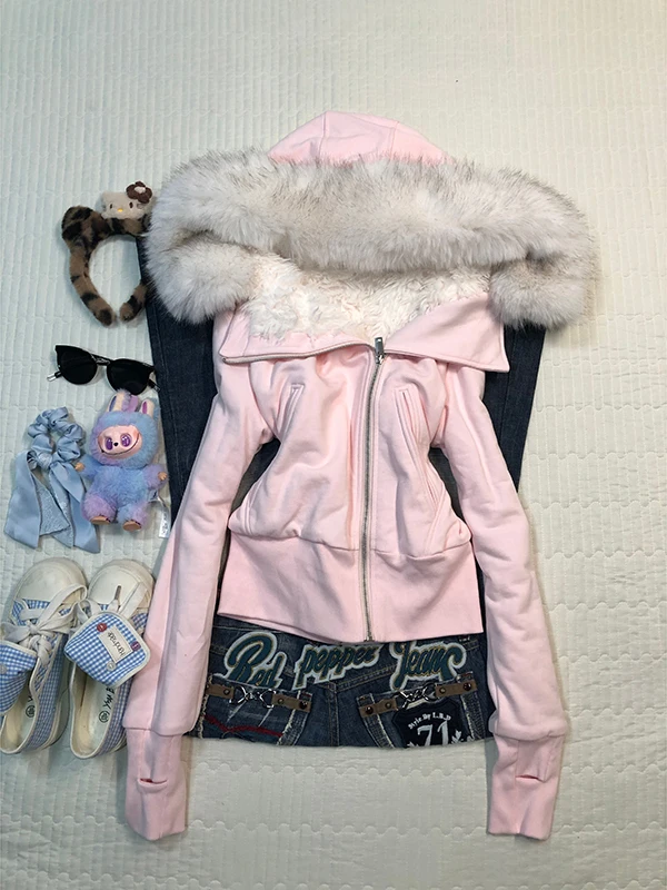 

Original Pink Hooded Jaet with Fur Trim Slanted Zipper Sweatirt Outerwear for Women Autumn Winter Design Unique Top