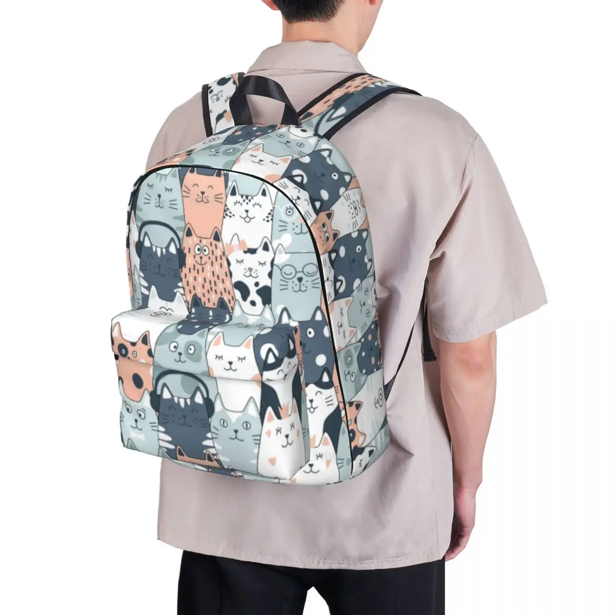 Fun Cat Pattern Backpack Pet Feline Doodle Student Unisex Polyester University Backpacks Aesthetic High School Bags Rucksack