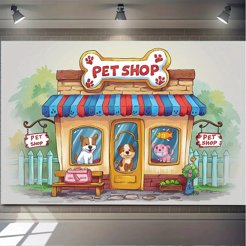 قطعة واحدة من لافتة حفلات متجر الحيوانات الأليفة المسطحة - خلفية بوليستر نابضة بالحياة، مع رسوم توضيحية لطيفة للكلاب والقطط، لا تتطلب إمدادًا للطاقة