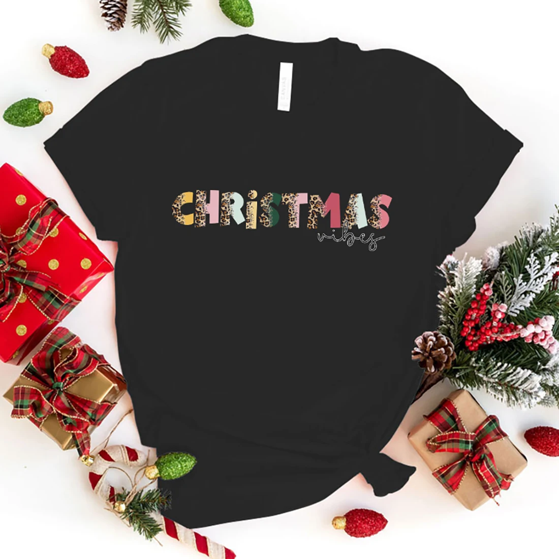 

Fashion Christmas Vibes Print T-Shirt Girl T Shirt Soft Print Top Unisex Tee Clothing Casual O-Neck Short Sleeve