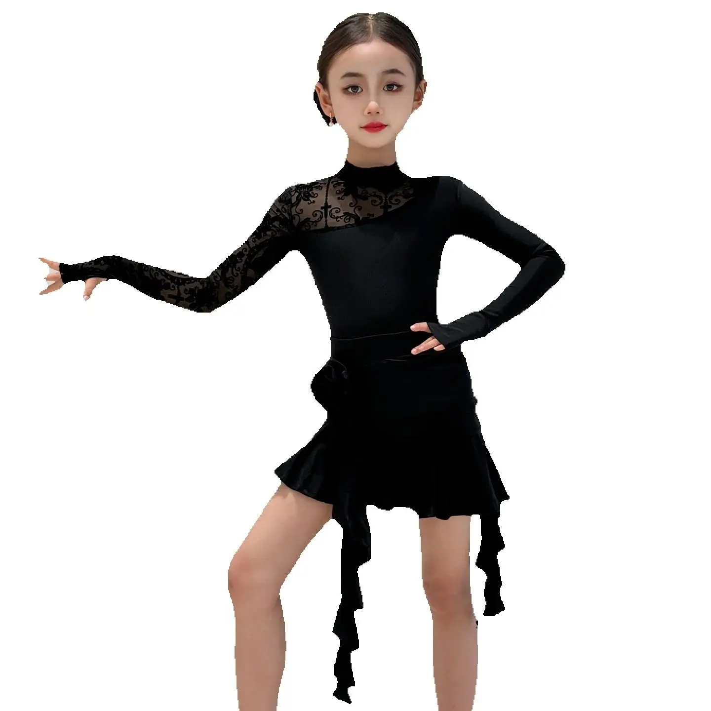 새로운 긴 소매 블랙 라틴 댄스 슈트 어린이 탱고 룸바 라틴 댄스 의상 소녀 라틴 탑 프릴 스커트 옷 SL14600
