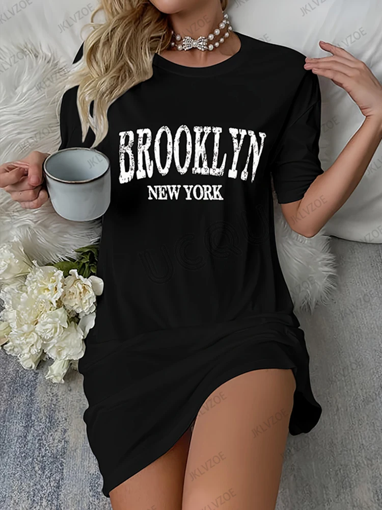 Nova arriavl verão brooklyn carta impressa feminina manga curta camiseta vestido cor sólida solta casual esportes moda vestido