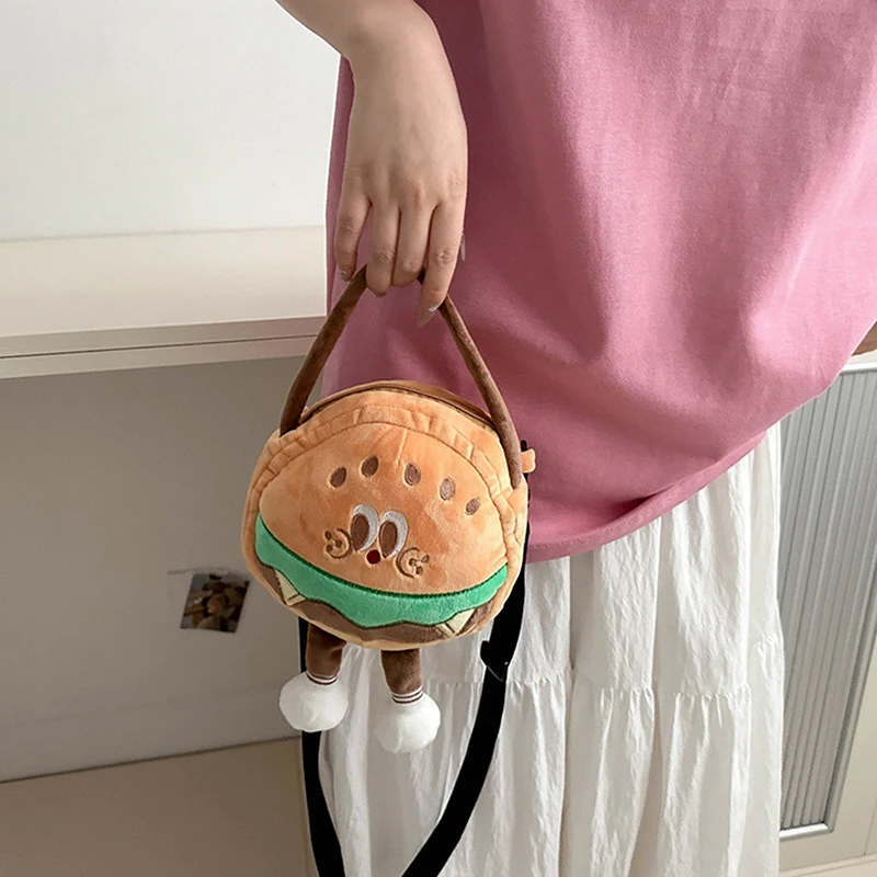 Lindo y colorido bolso de hombro de comida de peluche; Bolso cruzado de felpa con estampado de comida rápida y fresca para niños.